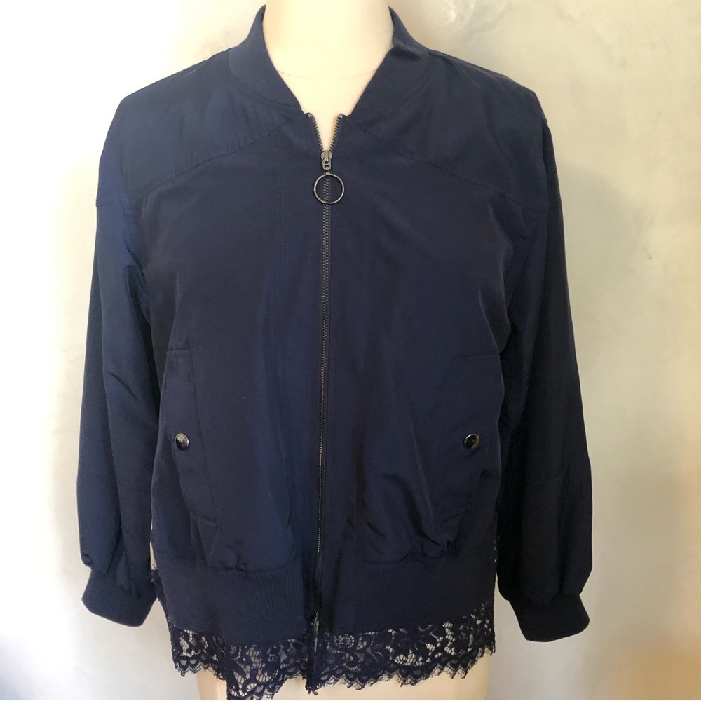 Laundry by Shelli Segal Midnight Blue w/Blue lace hem Bomber Jacket Size 6 - Picture 4 of 14